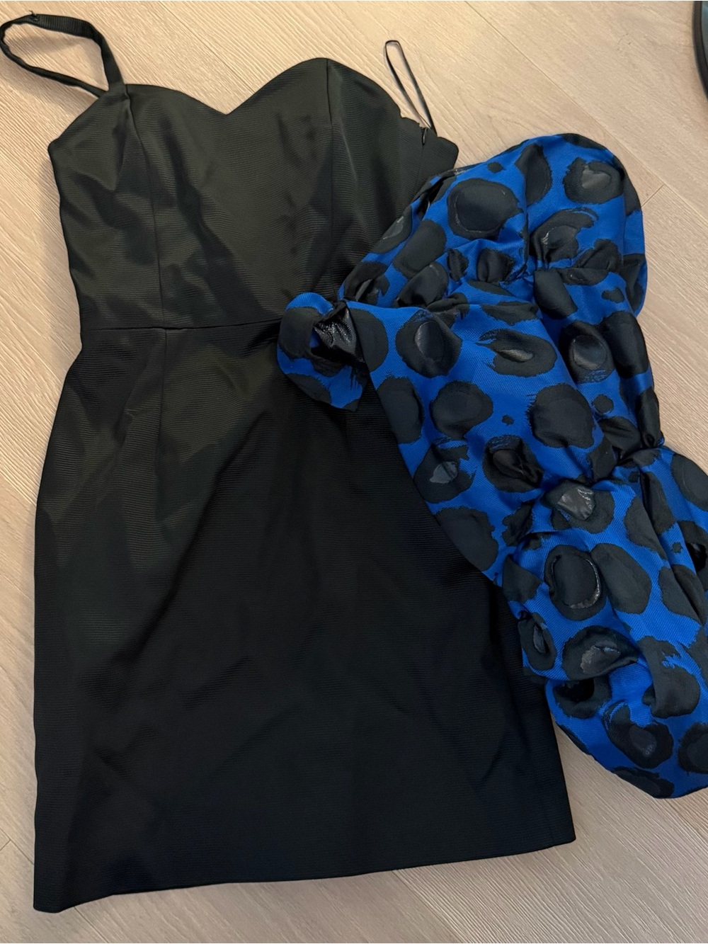 Black Spaghetti Strap Mini Dress with Blue Patterned Wrap